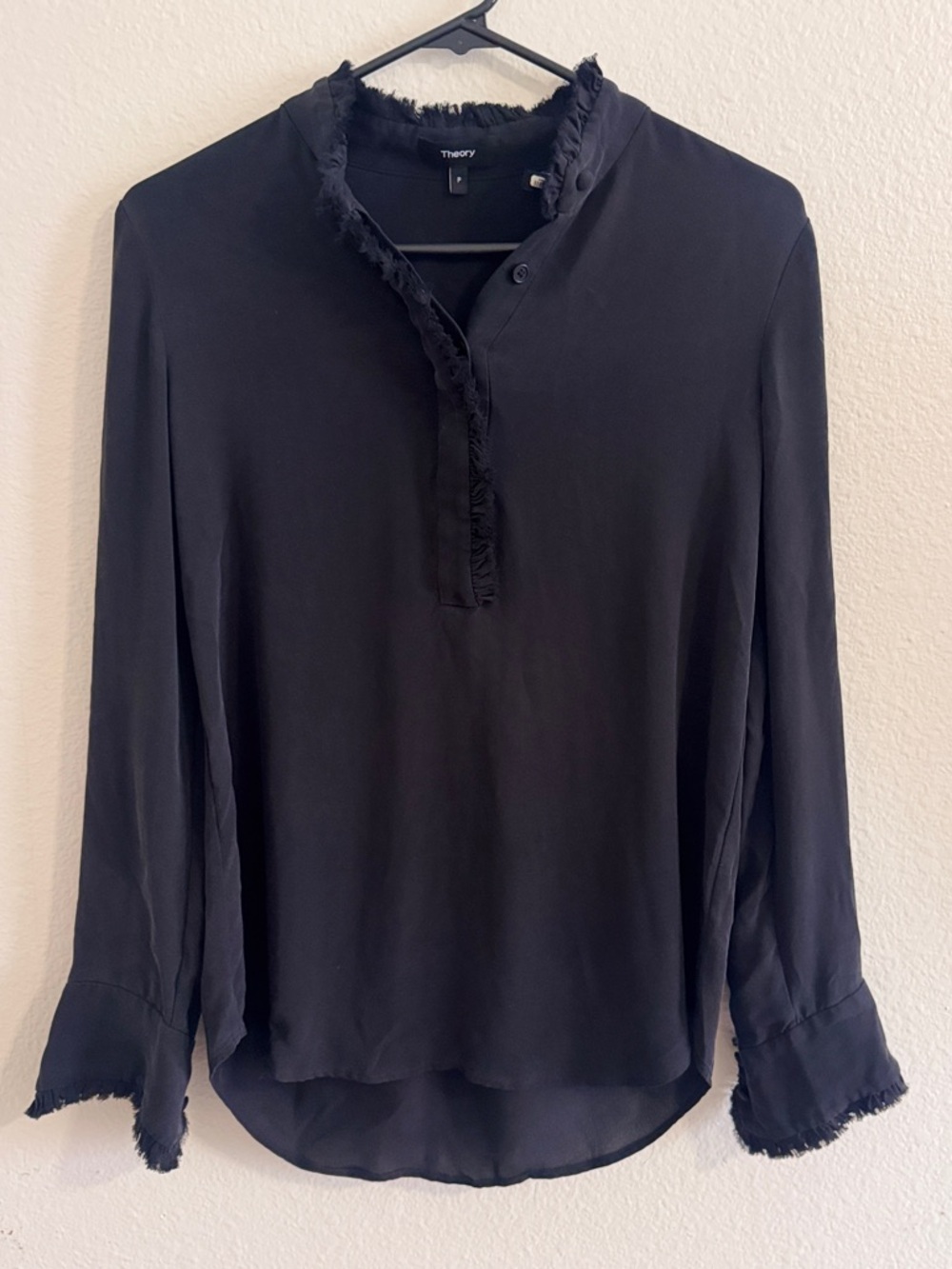 Theory Black Ruffle-Trim Silk Blouse, Size Small/P